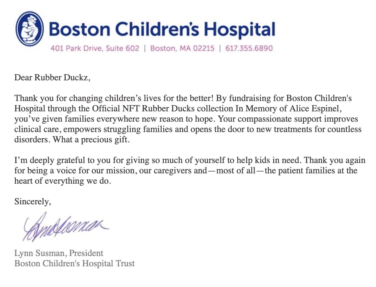 Letter from Boston Children’s Hospital thanking Rubber Duckz