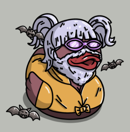 BYORD with silver pigtails, purple goggles and a yellow robe surrounded by bats