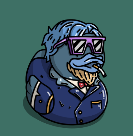 BYORD with blue hair, purple angular sunglasses and a navy suit on a green background