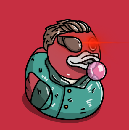 BYORD with a laser eye, pink bubblegum and a green jacket on a red background