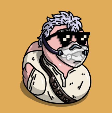 BYORD with silver hair, pixel sunglasses and a face mask on a golden background