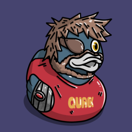 BYORD with spiky brown hair, an eye patch and a red Quack shirt on a purple background