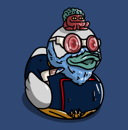 BYORD with pink round glasses, a blue bandana and a tiny red sidekick on its head